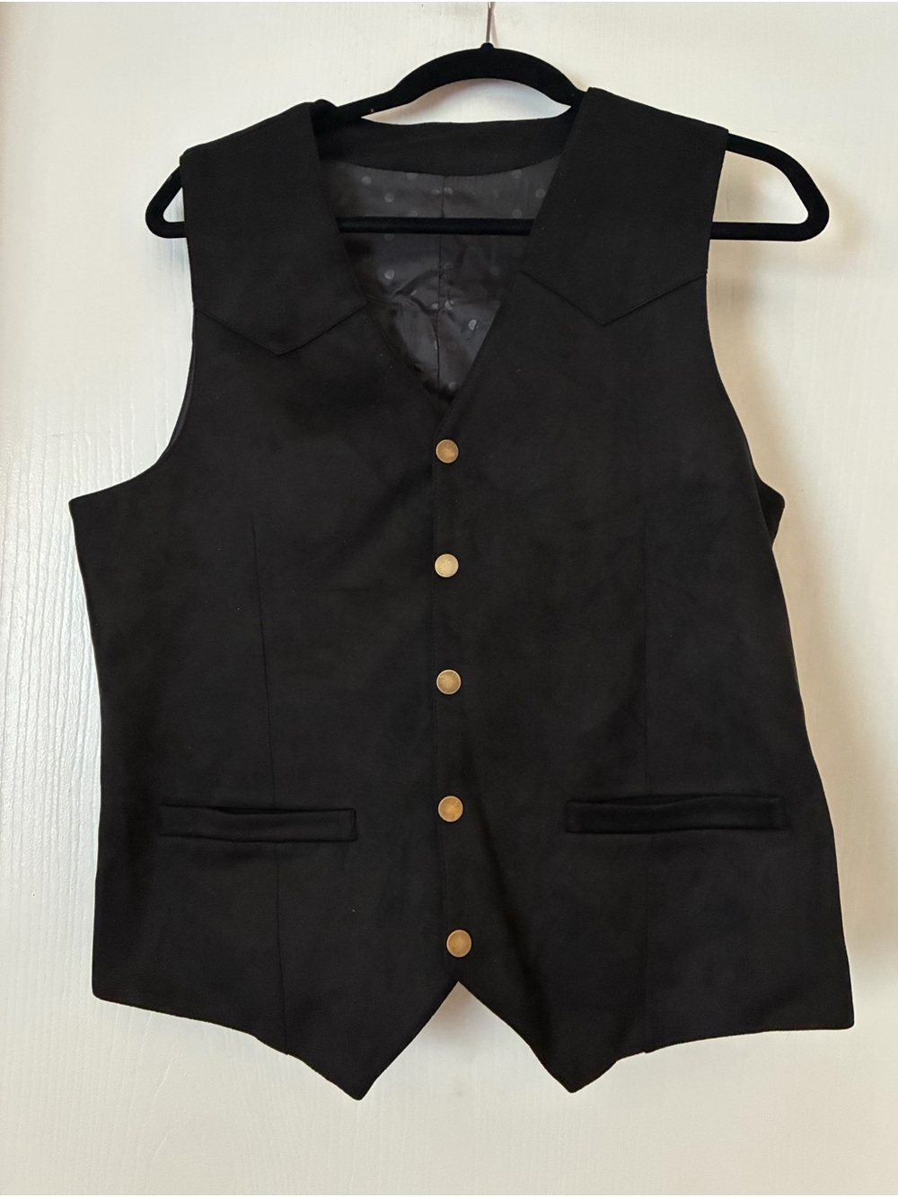 Men’s Size 34 S Black with Brown Buttons Faux Suede Vest Lined With Sateen